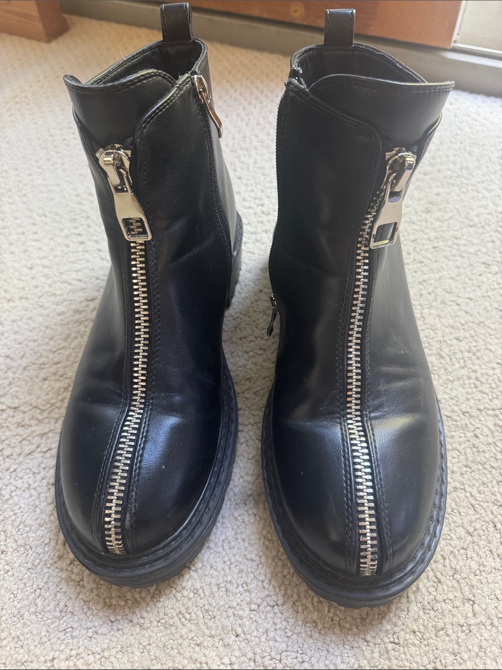Black Leather Front-Zip Combat Boots